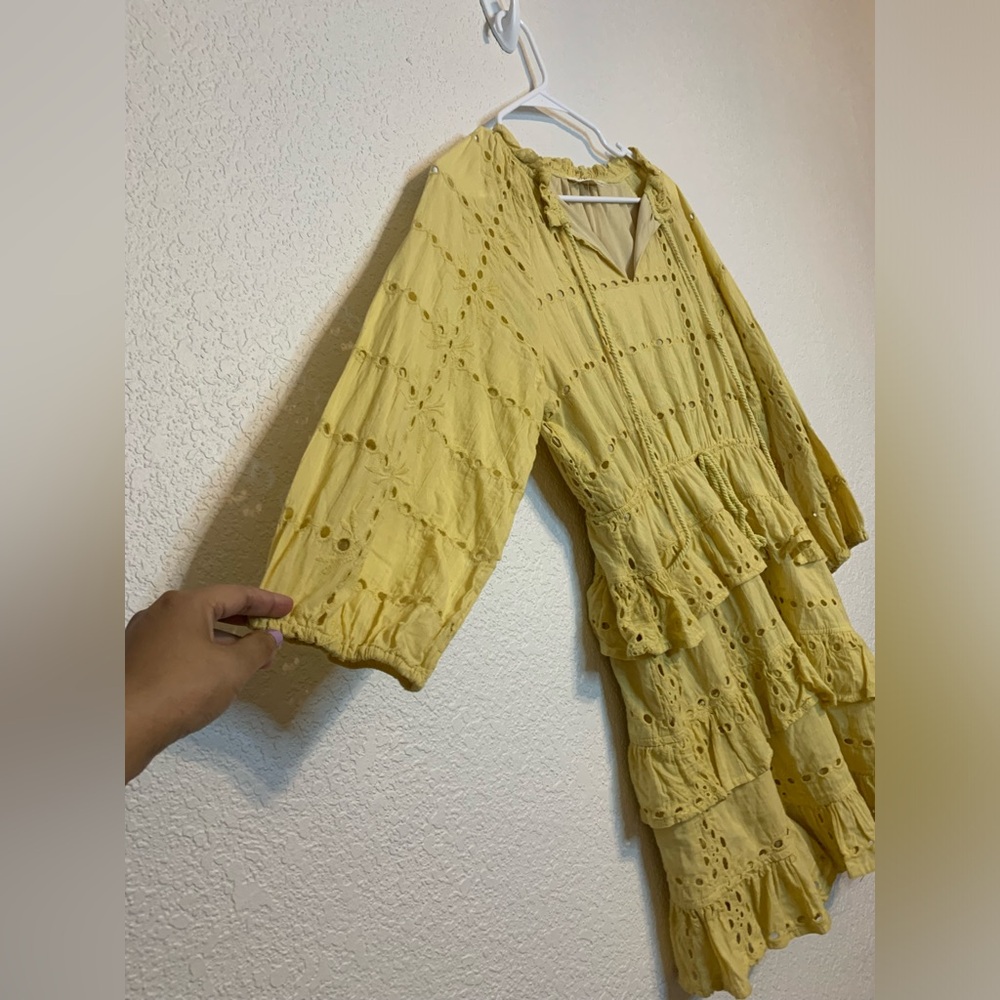 Listicle Yellow Eyelet Ruffle Mini Dress Boho Peasant 3/4 Sleeve Medium M - Picture 4 of 10